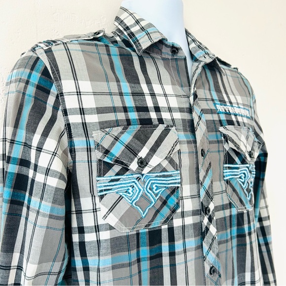 AFFLICTION VTG Y2K Mens Blue Plaid Embroidered Long Sleeve Slim Fit Shirt Size M - Picture 4 of 13